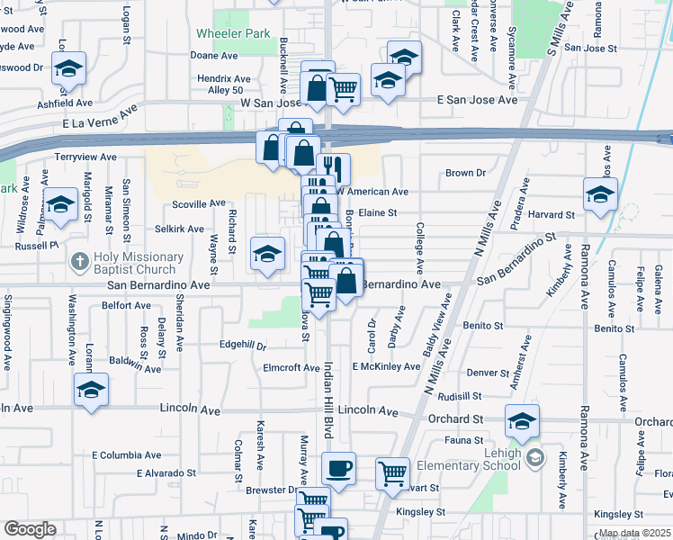 map of restaurants, bars, coffee shops, grocery stores, and more near 1734 Indian Hill Boulevard in Pomona