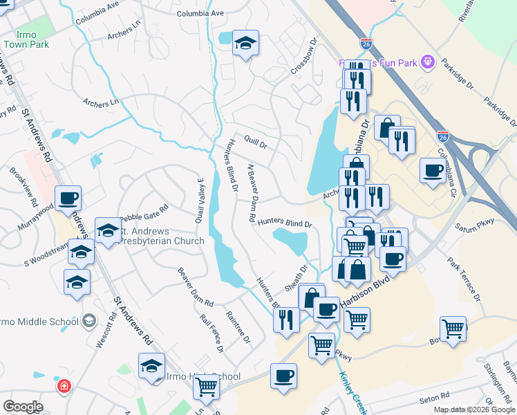 map of restaurants, bars, coffee shops, grocery stores, and more near 127 North Beaver Dam Road in Columbia