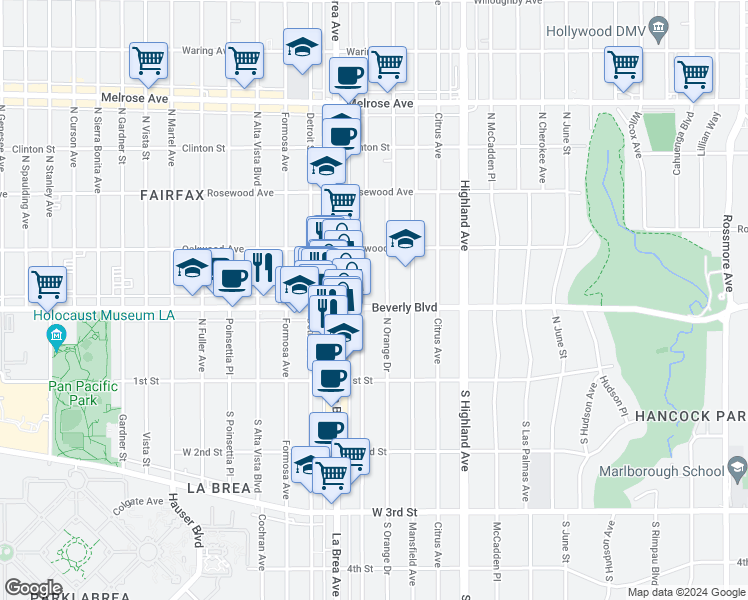 map of restaurants, bars, coffee shops, grocery stores, and more near 308 North Sycamore Avenue in Los Angeles