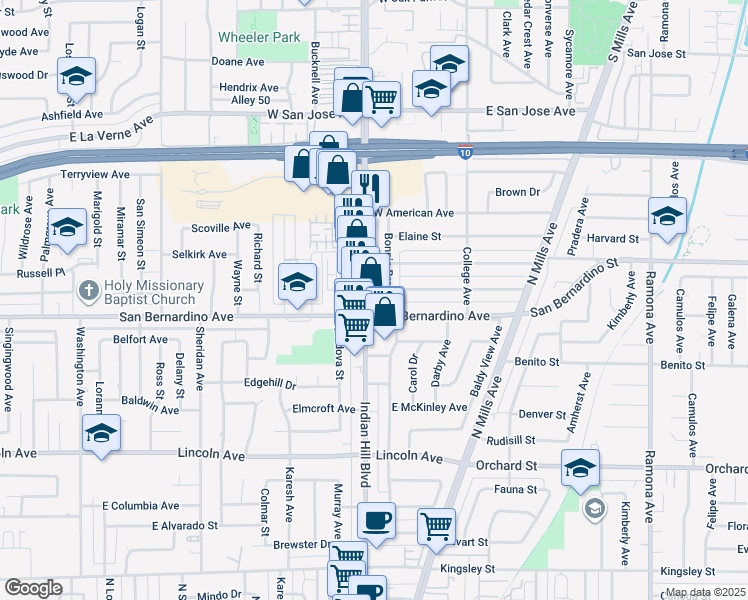 map of restaurants, bars, coffee shops, grocery stores, and more near 1734 Indian Hill Boulevard in Pomona