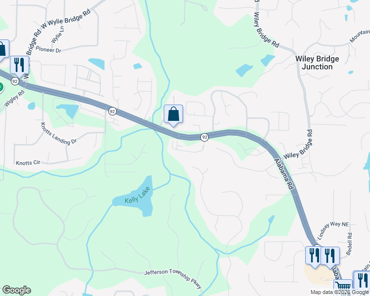 map of restaurants, bars, coffee shops, grocery stores, and more near 14896 Highway 92 in Woodstock