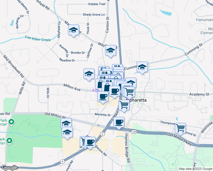 map of restaurants, bars, coffee shops, grocery stores, and more near 58 Canton Street in Alpharetta