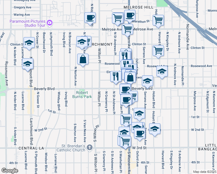 map of restaurants, bars, coffee shops, grocery stores, and more near 4832 Oakwood Avenue in Los Angeles