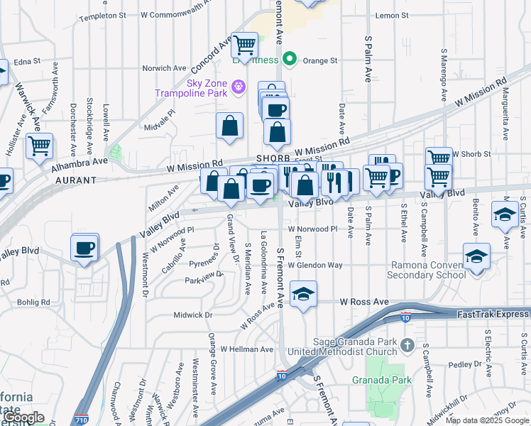 map of restaurants, bars, coffee shops, grocery stores, and more near 2620 West Valley Boulevard in Alhambra