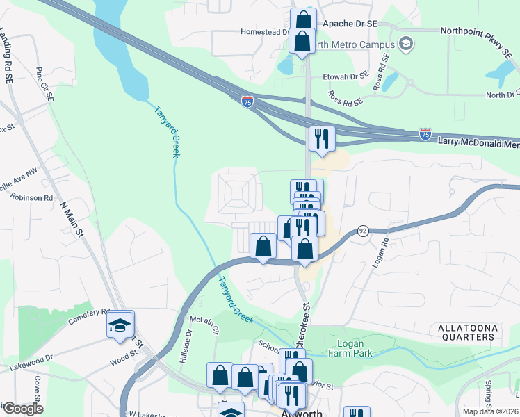 map of restaurants, bars, coffee shops, grocery stores, and more near 4698 Liberty Square Drive in Acworth