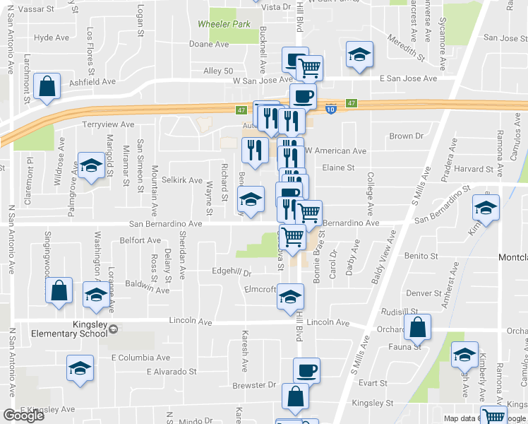 map of restaurants, bars, coffee shops, grocery stores, and more near 1710 Appleton Way in Pomona