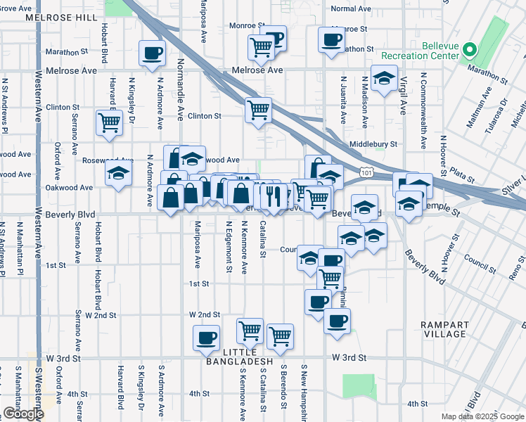 map of restaurants, bars, coffee shops, grocery stores, and more near 3977 Beverly Boulevard in Los Angeles