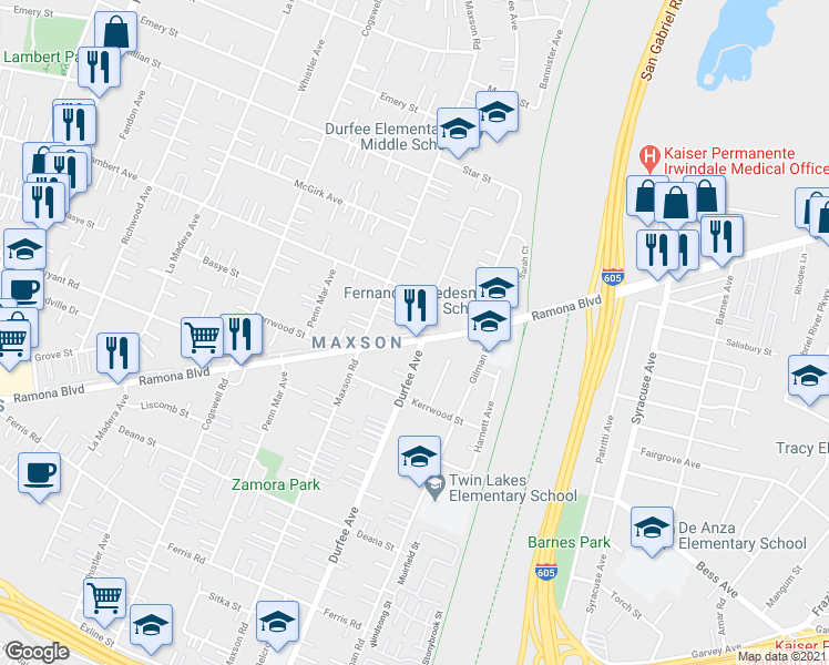 map of restaurants, bars, coffee shops, grocery stores, and more near 12241 Ramona Boulevard in El Monte