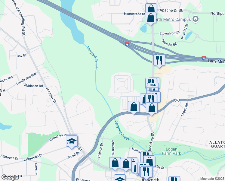 map of restaurants, bars, coffee shops, grocery stores, and more near 4646 Liberty Square Drive in Acworth