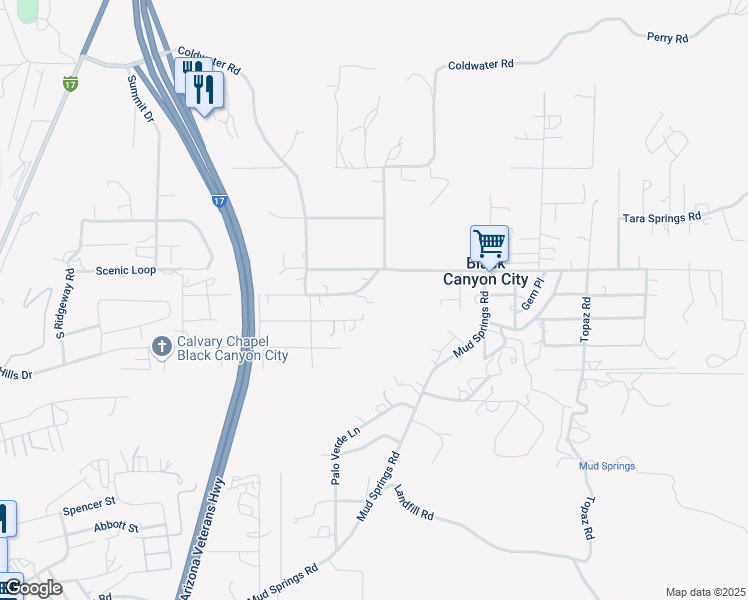 map of restaurants, bars, coffee shops, grocery stores, and more near 19951 Squaw Valley Parkway in Black Canyon City