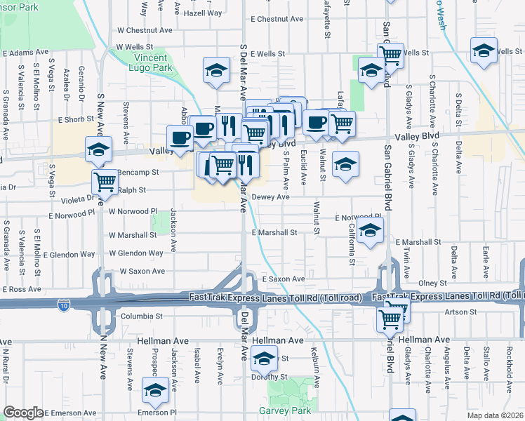 map of restaurants, bars, coffee shops, grocery stores, and more near 135 East Norwood Place in San Gabriel