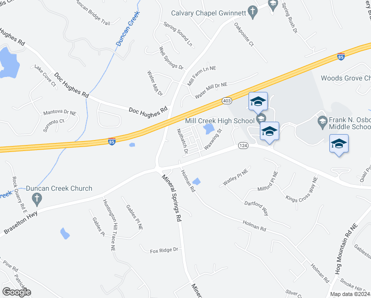 map of restaurants, bars, coffee shops, grocery stores, and more near 1968 Nuthatch Drive in Hoschton