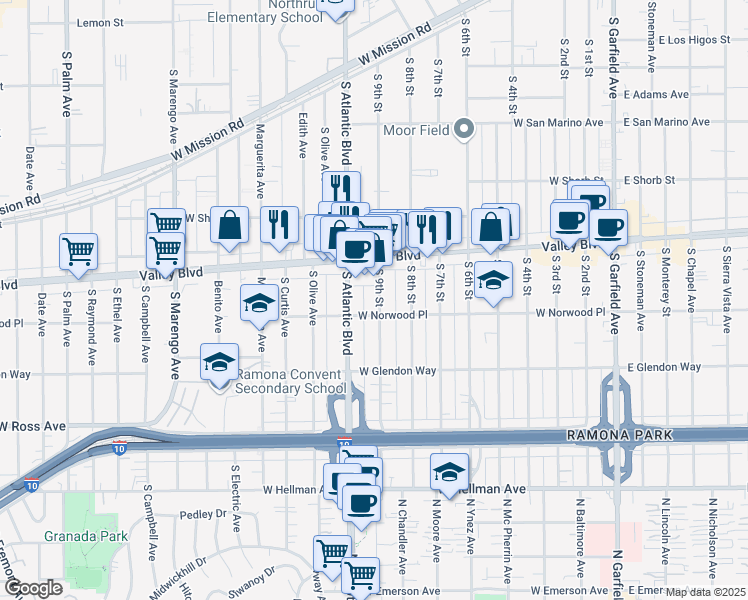 map of restaurants, bars, coffee shops, grocery stores, and more near 1515 South 9th Street in Alhambra