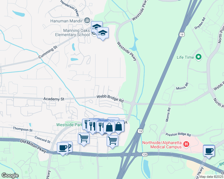 map of restaurants, bars, coffee shops, grocery stores, and more near 2938 Webb Bridge Road in Alpharetta