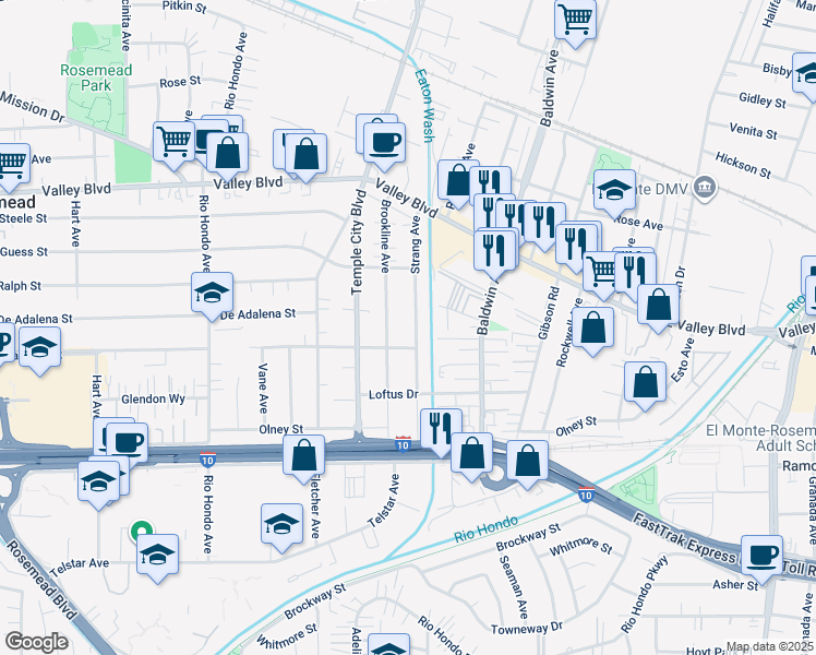 map of restaurants, bars, coffee shops, grocery stores, and more near 3721 Strang Avenue in Rosemead