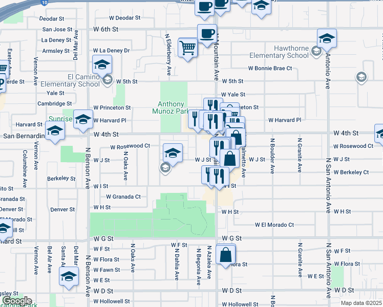 map of restaurants, bars, coffee shops, grocery stores, and more near 1155 West 4th Street in Ontario