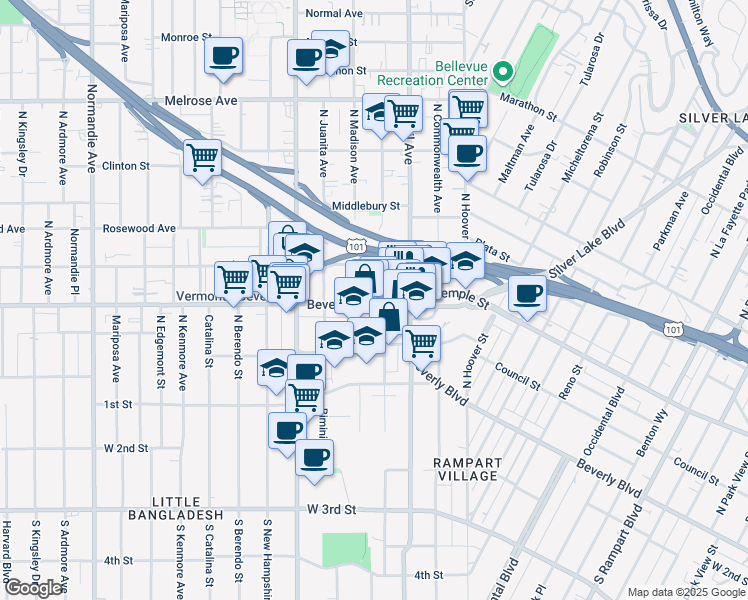 map of restaurants, bars, coffee shops, grocery stores, and more near 320-340 North Madison Avenue in Los Angeles