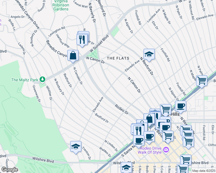 map of restaurants, bars, coffee shops, grocery stores, and more near 701 North Beverly Drive in Beverly Hills