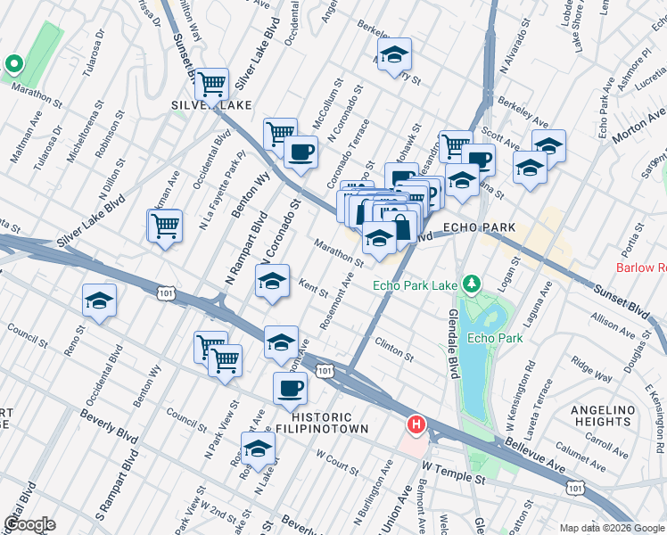 map of restaurants, bars, coffee shops, grocery stores, and more near 855 Waterloo Street in Los Angeles