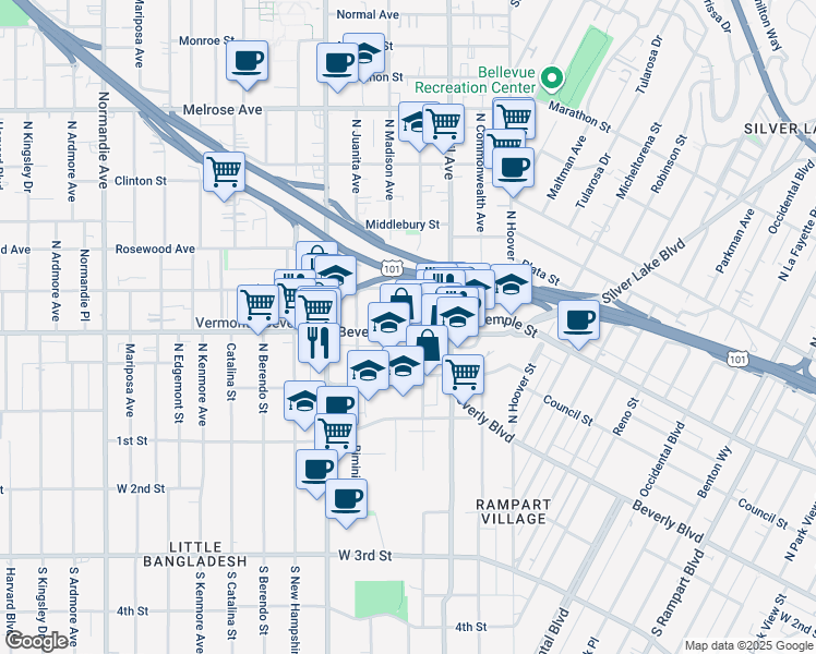 map of restaurants, bars, coffee shops, grocery stores, and more near 320-340 North Madison Avenue in Los Angeles