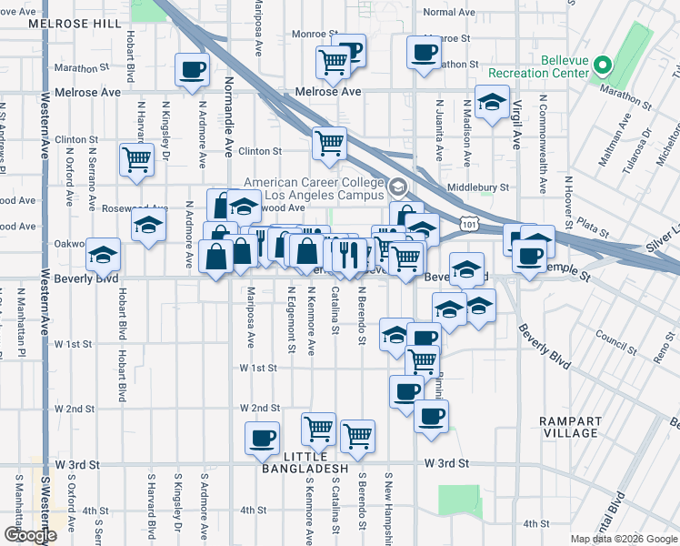 map of restaurants, bars, coffee shops, grocery stores, and more near 3967 Beverly Boulevard in Los Angeles