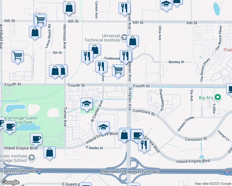 map of restaurants, bars, coffee shops, grocery stores, and more near 3410 East 4th Street in Ontario