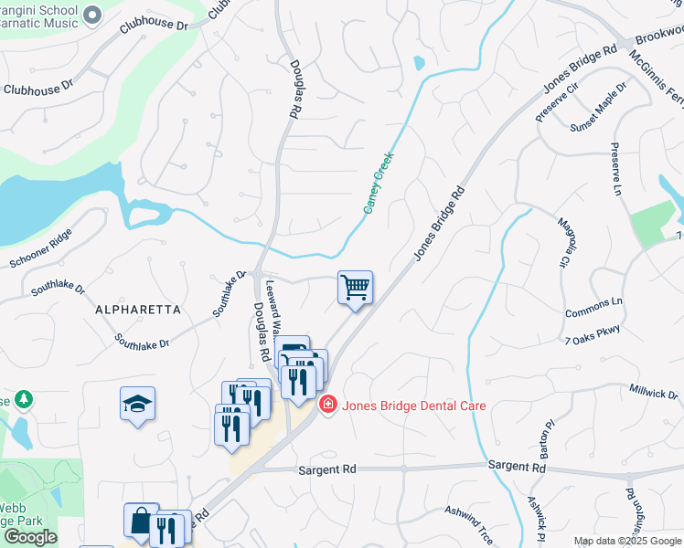 map of restaurants, bars, coffee shops, grocery stores, and more near 12270 Leeward Walk Circle in Alpharetta