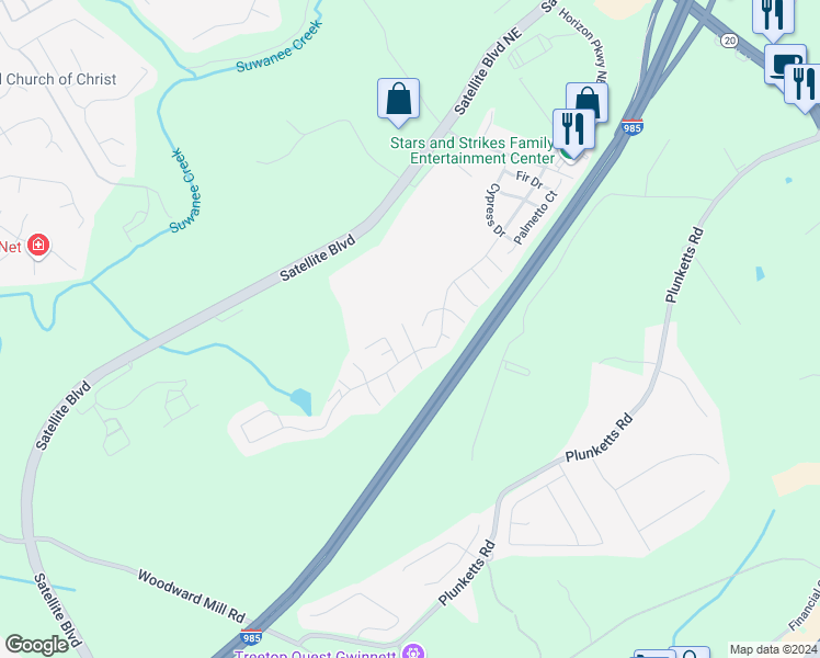 map of restaurants, bars, coffee shops, grocery stores, and more near 8 Cross Creek Court in Buford