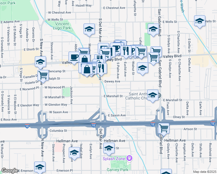 map of restaurants, bars, coffee shops, grocery stores, and more near 135 East Norwood Place in San Gabriel