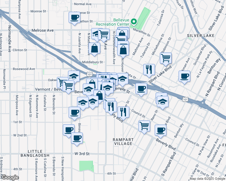 map of restaurants, bars, coffee shops, grocery stores, and more near 3500 West Temple Street in Los Angeles