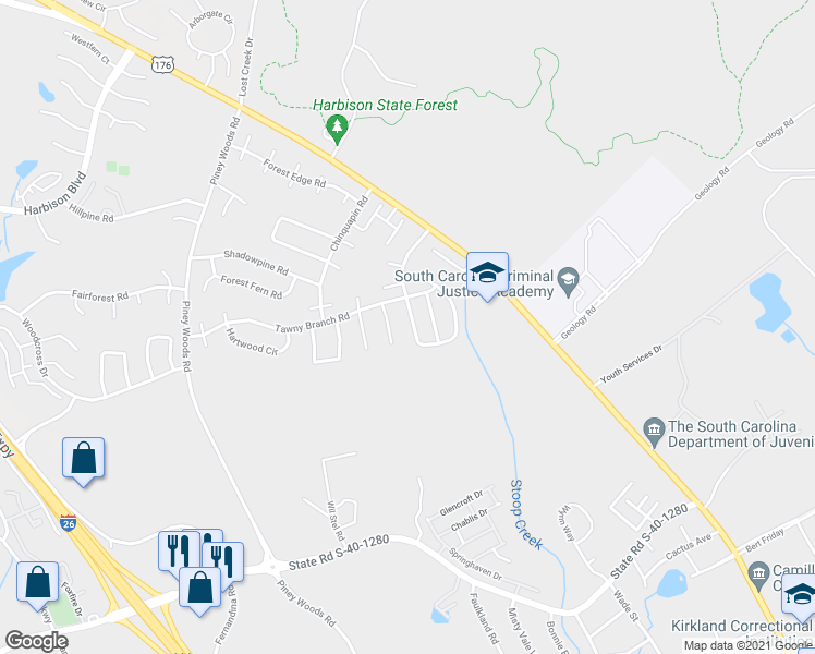 map of restaurants, bars, coffee shops, grocery stores, and more near 58 Heritage Village Lane in Columbia