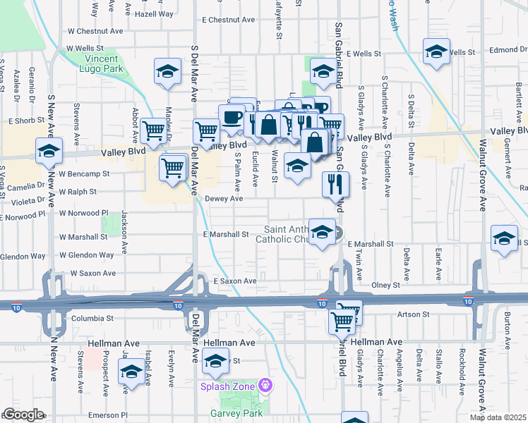 map of restaurants, bars, coffee shops, grocery stores, and more near 419 East Norwood Place in San Gabriel