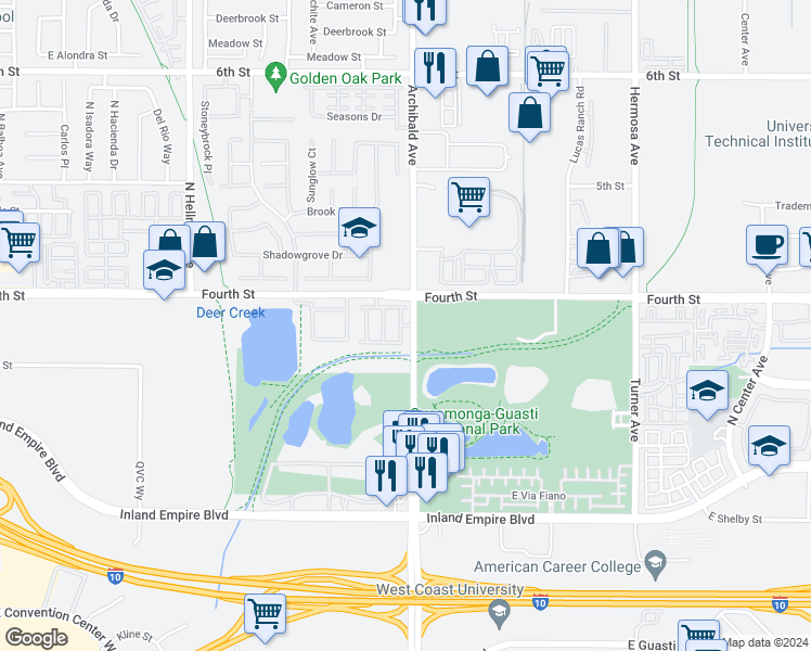 map of restaurants, bars, coffee shops, grocery stores, and more near 1031 North Archibald Avenue in Ontario