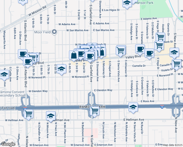 map of restaurants, bars, coffee shops, grocery stores, and more near 1507 South Garfield Avenue in Alhambra