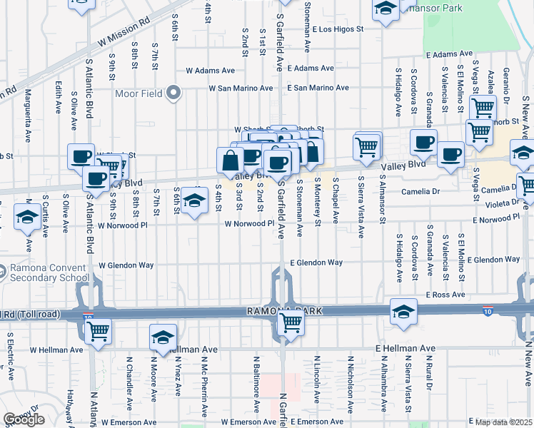 map of restaurants, bars, coffee shops, grocery stores, and more near 1507 South Garfield Avenue in Alhambra