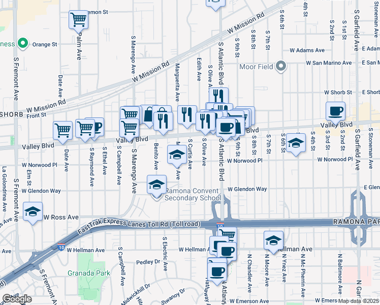 map of restaurants, bars, coffee shops, grocery stores, and more near 1408 South Curtis Avenue in Alhambra