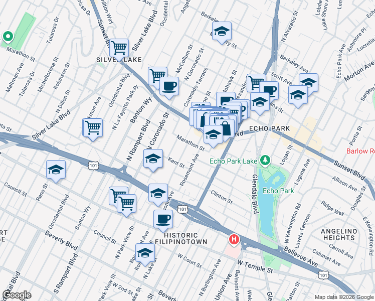 map of restaurants, bars, coffee shops, grocery stores, and more near 855 Waterloo Street in Los Angeles