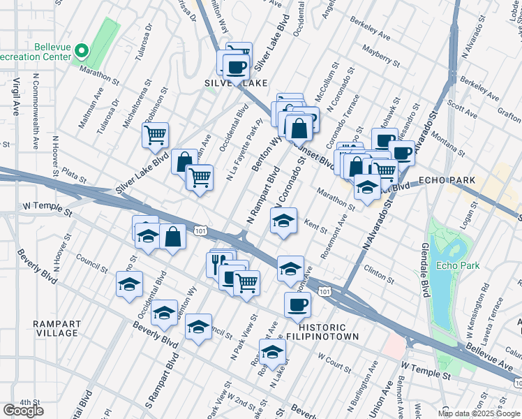 map of restaurants, bars, coffee shops, grocery stores, and more near 2600 Kent Street in Los Angeles