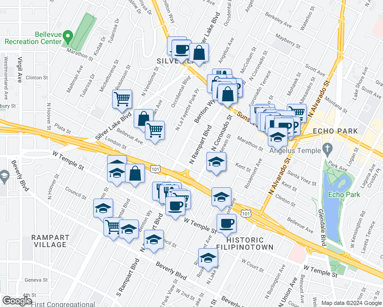 map of restaurants, bars, coffee shops, grocery stores, and more near 2600 Kent Street in Los Angeles