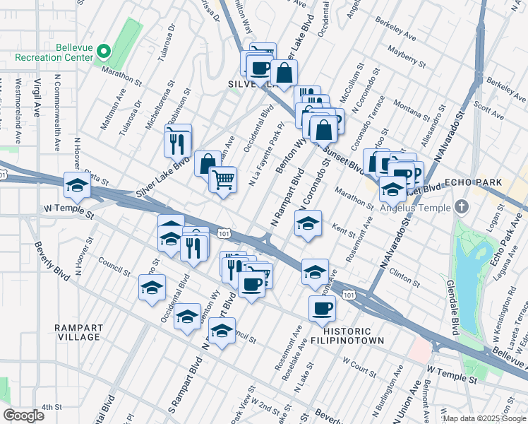 map of restaurants, bars, coffee shops, grocery stores, and more near 631 North Benton Way in Los Angeles