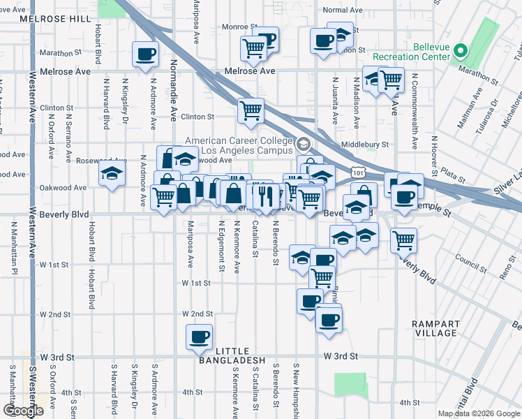 map of restaurants, bars, coffee shops, grocery stores, and more near 324 North Berendo Street in Los Angeles