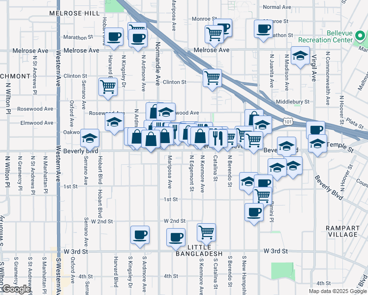 map of restaurants, bars, coffee shops, grocery stores, and more near 321 North Kenmore Avenue in Los Angeles