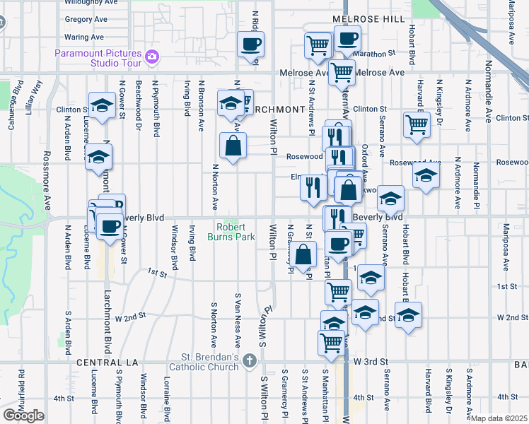 map of restaurants, bars, coffee shops, grocery stores, and more near 325 North Wilton Place in Los Angeles