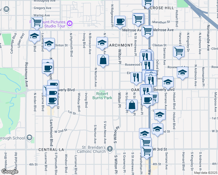 map of restaurants, bars, coffee shops, grocery stores, and more near 326 North Van Ness Avenue in Los Angeles