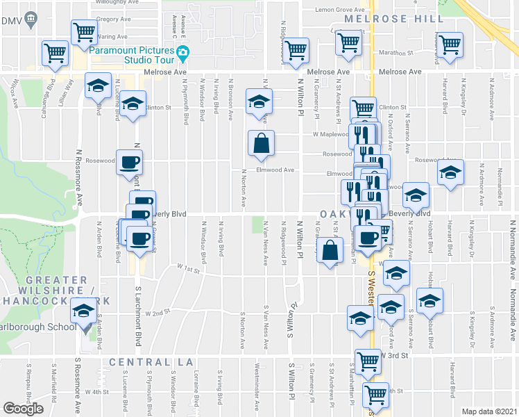 map of restaurants, bars, coffee shops, grocery stores, and more near 326 North Van Ness Avenue in Los Angeles