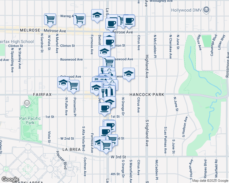 map of restaurants, bars, coffee shops, grocery stores, and more near 320 North Sycamore Avenue in Los Angeles