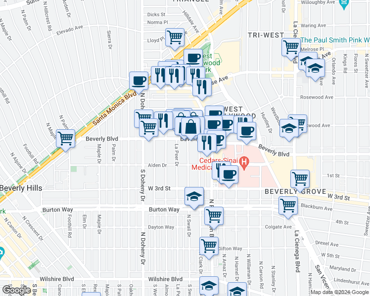 map of restaurants, bars, coffee shops, grocery stores, and more near 8900 Beverly Boulevard in West Hollywood