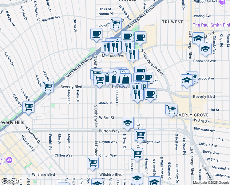 map of restaurants, bars, coffee shops, grocery stores, and more near 8950 Beverly Boulevard in West Hollywood