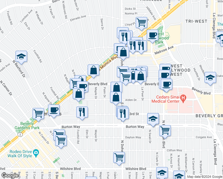 map of restaurants, bars, coffee shops, grocery stores, and more near 420 North Palm Drive in Beverly Hills