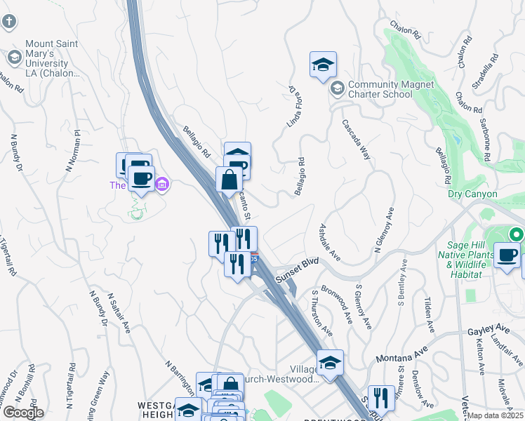 map of restaurants, bars, coffee shops, grocery stores, and more near 11647 Bellagio Road in Los Angeles